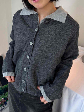 Wide collar color-block polo button knit cardigan