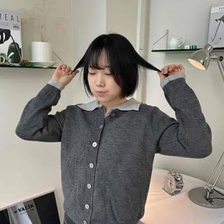 Wide collar color-block polo button knit cardigan
