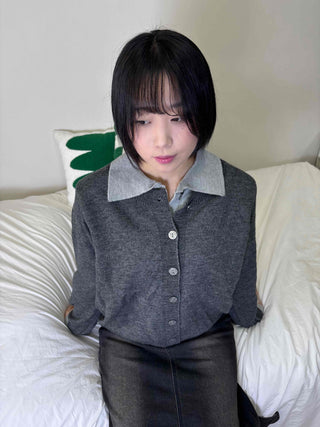 Wide collar color-block polo button knit cardigan