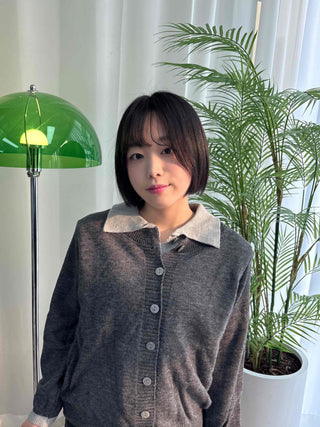Wide collar color-block polo button knit cardigan