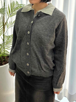 Wide collar color-block polo button knit cardigan