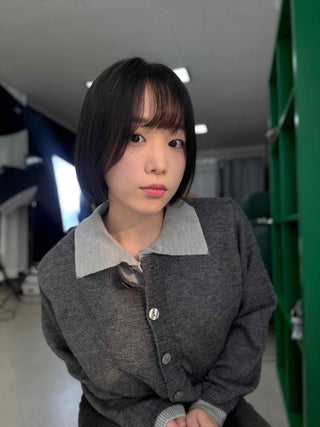 Wide collar color-block polo button knit cardigan
