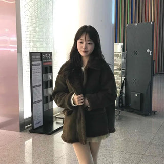 Fur Collar Zip-Up Oversized Loose Long Shearling Jacket