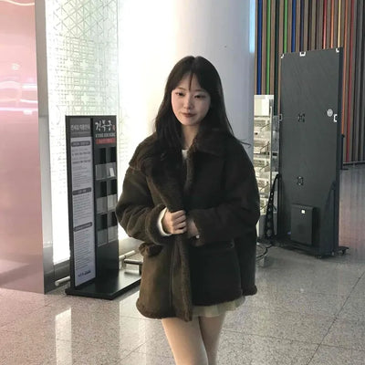 Fur Collar Zip-Up Oversized Loose Long Shearling Jacket