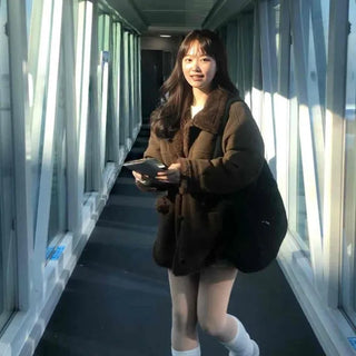 Fur Collar Zip-Up Oversized Loose Long Shearling Jacket