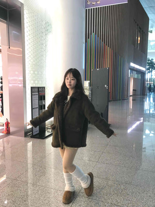 Fur Collar Zip-Up Oversized Loose Long Shearling Jacket