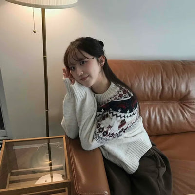 Shoulder Contrast Fair Isle Jacquard Loose Fit Knit