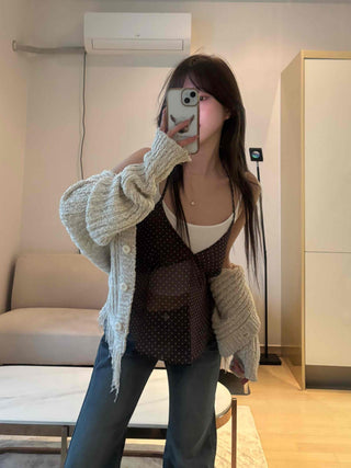 Delicate Fit See-through Dot V-Neck Camisole Blouse