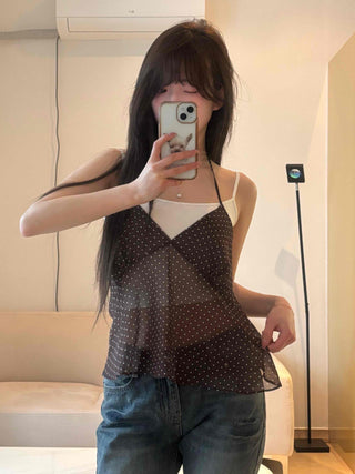 Delicate Fit See-through Dot V-Neck Camisole Blouse