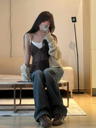 Delicate Fit See-through Dot V-Neck Camisole Blouse