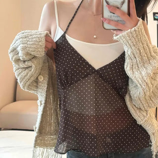 Delicate Fit See-through Dot V-Neck Camisole Blouse