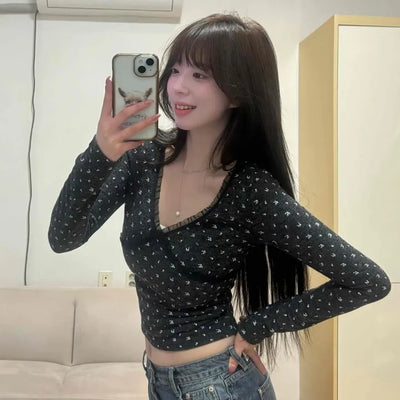 Mini Flower Print Raglan Crop Long Sleeve Tee