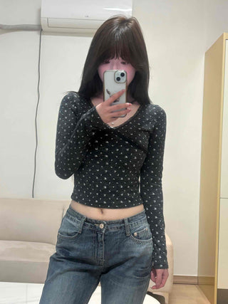 Mini Flower Print Raglan Crop Long Sleeve Tee