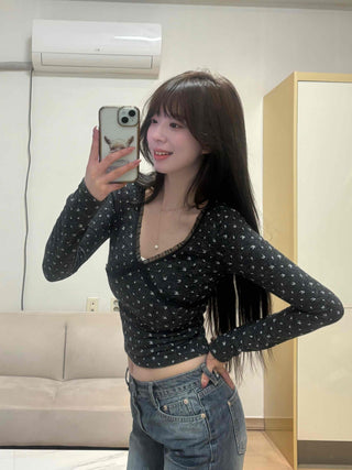 Mini Flower Print Raglan Crop Long Sleeve Tee