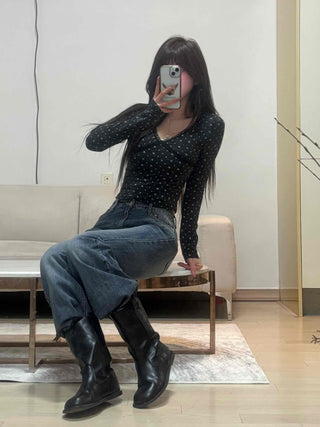 Mini Flower Print Raglan Crop Long Sleeve Tee