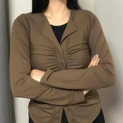 Tailored Neckline Shirt-Style Pintuck Long Sleeve T-Shirt