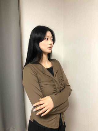 Tailored Neckline Shirt-Style Pintuck Long Sleeve T-Shirt