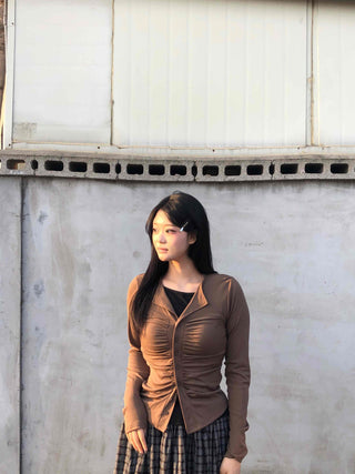 Tailored Neckline Shirt-Style Pintuck Long Sleeve T-Shirt
