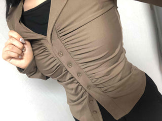 Tailored Neckline Shirt-Style Pintuck Long Sleeve T-Shirt