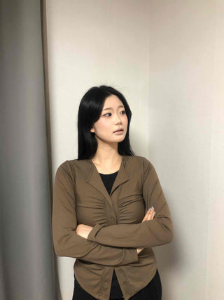 Tailored Neckline Shirt-Style Pintuck Long Sleeve T-Shirt
