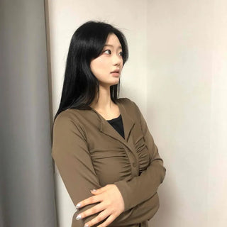 Tailored Neckline Shirt-Style Pintuck Long Sleeve T-Shirt