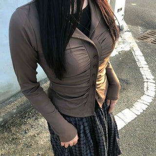 Tailored Neckline Shirt-Style Pintuck Long Sleeve T-Shirt