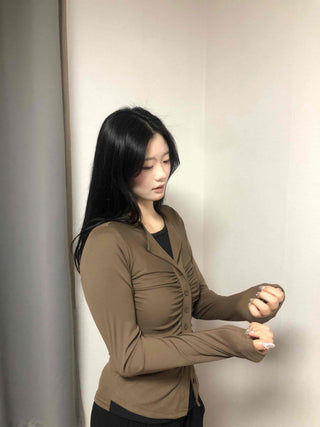 Tailored Neckline Shirt-Style Pintuck Long Sleeve T-Shirt
