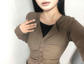 Tailored Neckline Shirt-Style Pintuck Long Sleeve T-Shirt