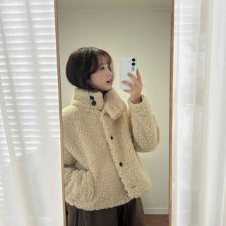 Round Collar Simple Minimalist Fluffy Sherpa Short Jacket