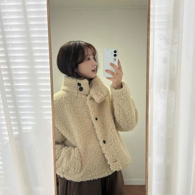 Round Collar Simple Minimalist Fluffy Sherpa Short Jacket