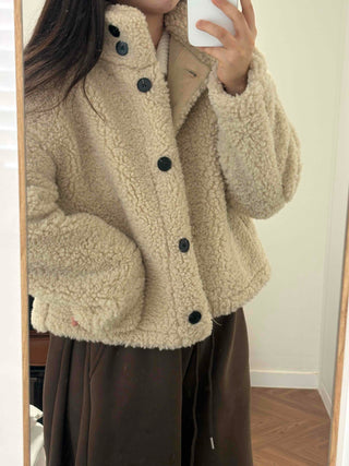 Round Collar Simple Minimalist Fluffy Sherpa Short Jacket