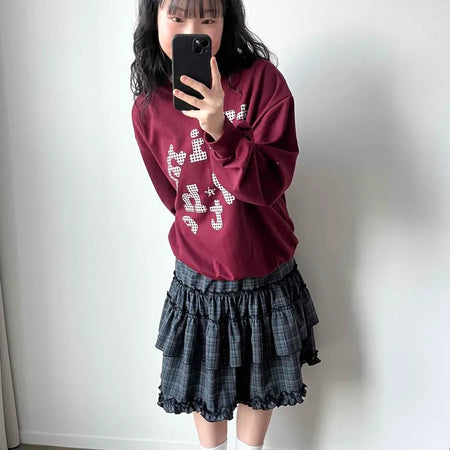 Vintage Check Lace Hem Gathered Balloon Midi Skirt
