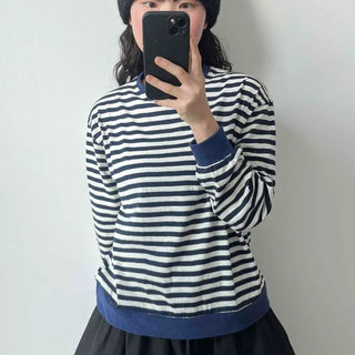 Marine Border Round Neck Stitch Contrast Sweatshirt