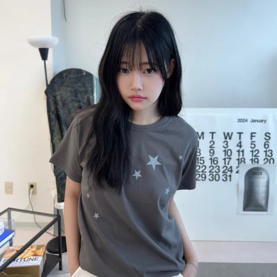 Miru Kitsch Star Print Semi-Crop Short Sleeve T-shirt