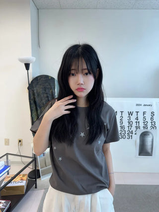 Miru Kitsch Star Print Semi-Crop Short Sleeve T-shirt