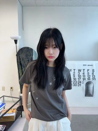 Miru Kitsch Star Print Semi-Crop Short Sleeve T-shirt