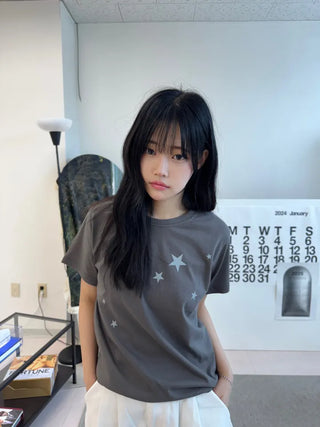 Miru Kitsch Star Print Semi-Crop Short Sleeve T-shirt