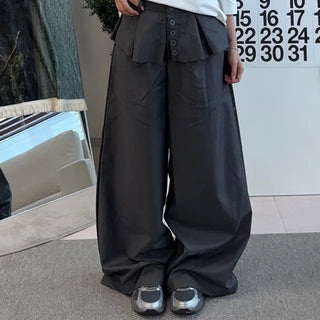 Dubi Balloon Fit Long Wide Button Wrap Layered Slacks