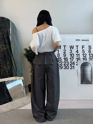 Dubi Balloon Fit Long Wide Button Wrap Layered Slacks