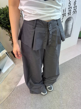 Dubi Balloon Fit Long Wide Button Wrap Layered Slacks