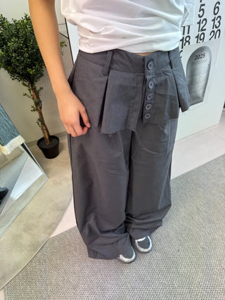 Dubi Balloon Fit Long Wide Button Wrap Layered Slacks