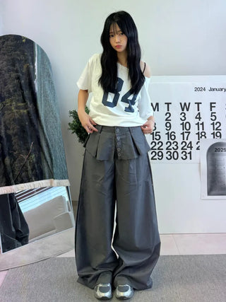 Dubi Balloon Fit Long Wide Button Wrap Layered Slacks