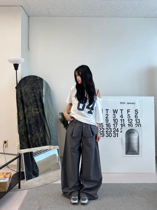 Dubi Balloon Fit Long Wide Button Wrap Layered Slacks