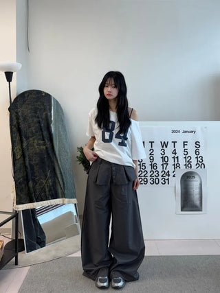 Dubi Balloon Fit Long Wide Button Wrap Layered Slacks