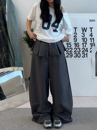 Dubi Balloon Fit Long Wide Button Wrap Layered Slacks