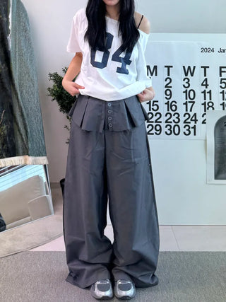 Dubi Balloon Fit Long Wide Button Wrap Layered Slacks