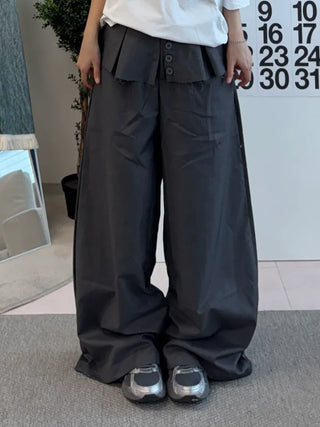 Dubi Balloon Fit Long Wide Button Wrap Layered Slacks