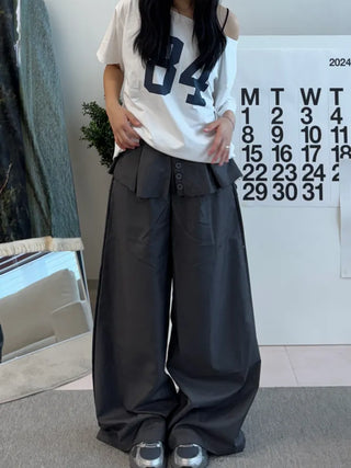 Dubi Balloon Fit Long Wide Button Wrap Layered Slacks