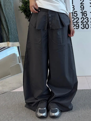 Dubi Balloon Fit Long Wide Button Wrap Layered Slacks