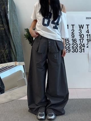 Dubi Balloon Fit Long Wide Button Wrap Layered Slacks